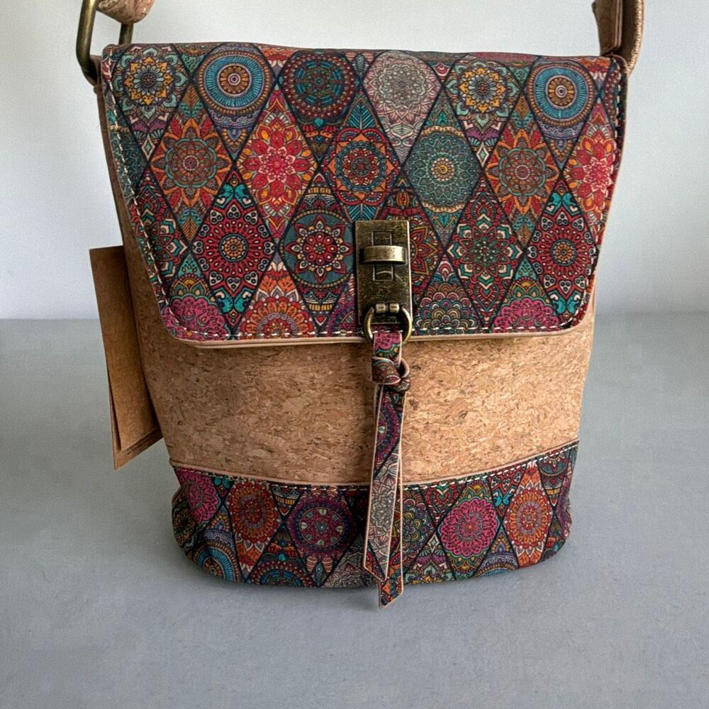 Natural Cork Crossbody Bag Portugal Boho Mandala Vegan Small Shoulder Purse New
